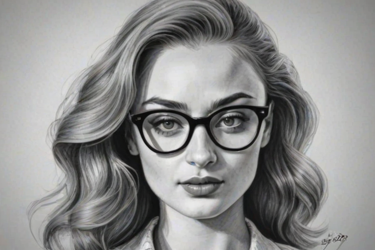 Splendid Sophie Turner, pencil sketch, portrait of Appealing woman 1953s in glasses, hair style beatnik, outline, clear lines, fine lines, 8k