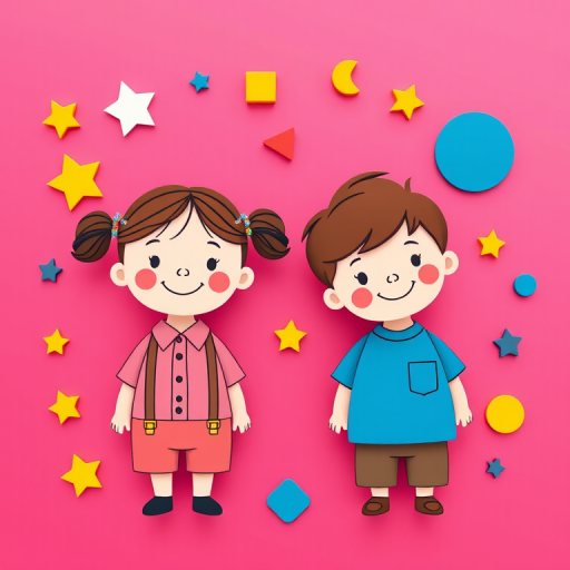 Create a minimalistic graphic design featuring two cartoon children, one girl with pigtails wearing a pink shirt and suspenders, and a boy with brown hair in a blue shirt, surrounded by various colorful geometric shapes like stars, circles, and triangles on a vibrant pink background, captured in a vector art style with a high-resolution digital camera, ISO 100, aperture f/8, 50mm lens, and a soft focus effect.