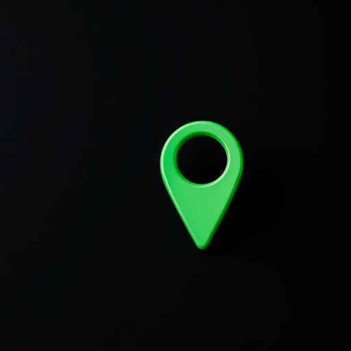 Create a high-resolution image of a green location pin on a black background, using a DSLR camera with a 50mm lens, aperture set to f/2.8, ISO 100, and at an eye-level view.