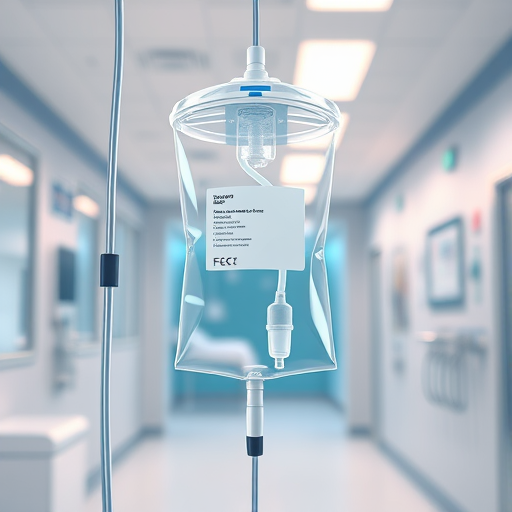 create a detailed illustration of an IV drip bag in a modern medical setting, using a macro lens to capture fine details, set aperture to f/2.8 for shallow depth of field, use natural lighting for a soft effect, and ensure a high resolution for clarity and vibrancy