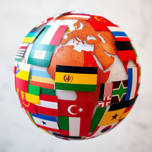 Create a high-resolution image of a 3D globe covered in various national flags from around the world, using a DSLR camera at f/8 aperture, 24mm focal length, ISO 100, and a soft focus background for enhanced detail.