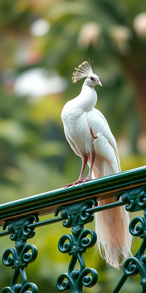 Capture a white peacock perched elegantly on an ornate green railing with a soft bokeh background, using a Canon EOS R6, 50mm lens, aperture f/1.8, ISO 200, shutter speed 1/100s, natural light for enhanced detail and color vibrancy.