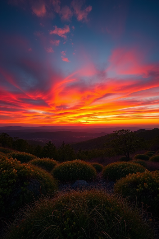 Create a high-resolution image of a scenic landscape at sunset with vibrant colors, captured using a DSLR camera at f/8 aperture, ISO 100, 1/250 sec shutter speed, captured from a panoramic view, employing a wide-angle lens for depth and clarity.