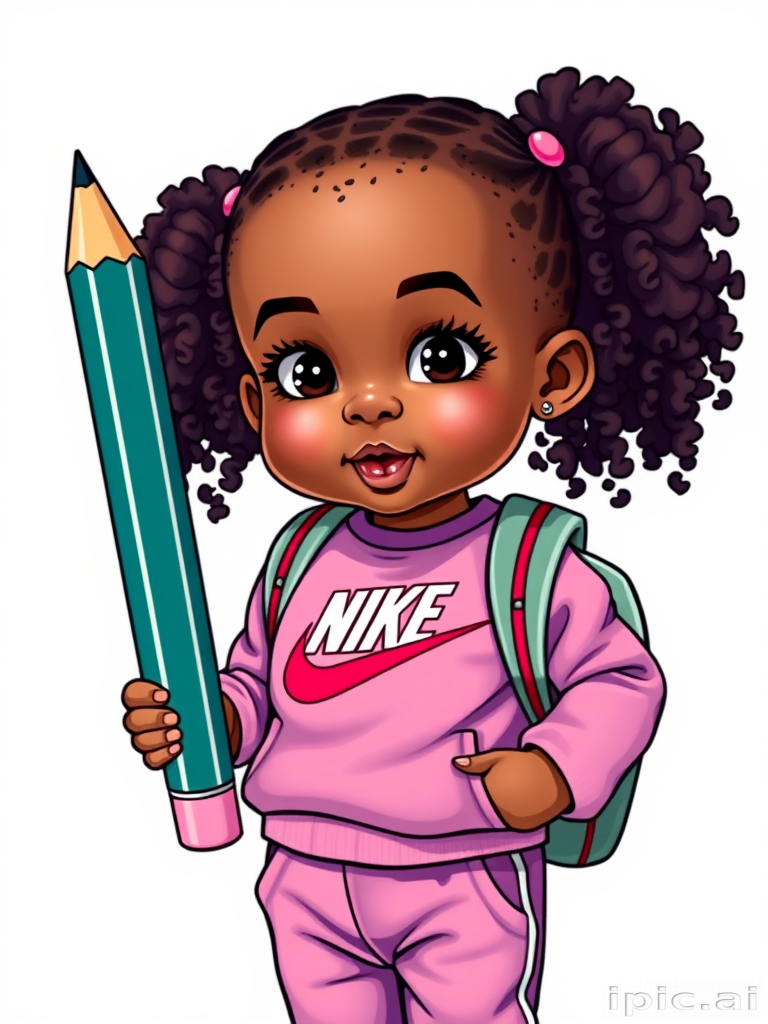VECTOR GLOSSY STICKER OF A BEAUTIFUL AFRICAN AMERICAN TODDLER DRESSED IN CUTE NIKE VELOUR SWEATSUIT WEARING A BACKPACK HOLDING A GIANT PENCIL the background is completely white with a  gloss effect