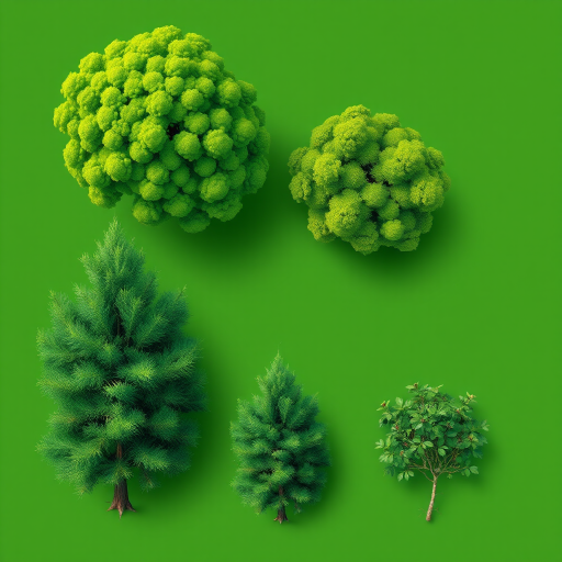 Generate a detailed vector illustration of various tree types including a broadleaf tree, conifer, and a small shrub, with a bright green color palette, focusing on realistic textures and shapes; camera settings: f/8 aperture, ISO 100, 1/200 sec shutter speed; camera view: overhead view; camera style: high-definition; camera type: DSLR.