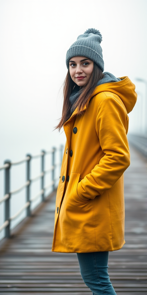 A young woman in a yellow coat and grey beanie standing on a pier, with a foggy background, captured with a Canon EOS R5, 50mm f/1.2 lens, aperture f/2.8, ISO 200, shutter speed 1/250s, using shallow depth of field to focus on the subject while softly blurring the background.