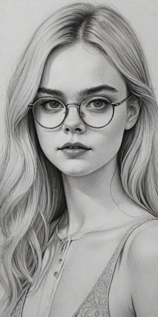 Beauteous Elle Fanning, pencil sketch, portrait of Gorgeous woman 1924s in glasses, hair style beatnik, outline, clear lines, fine lines, 8k