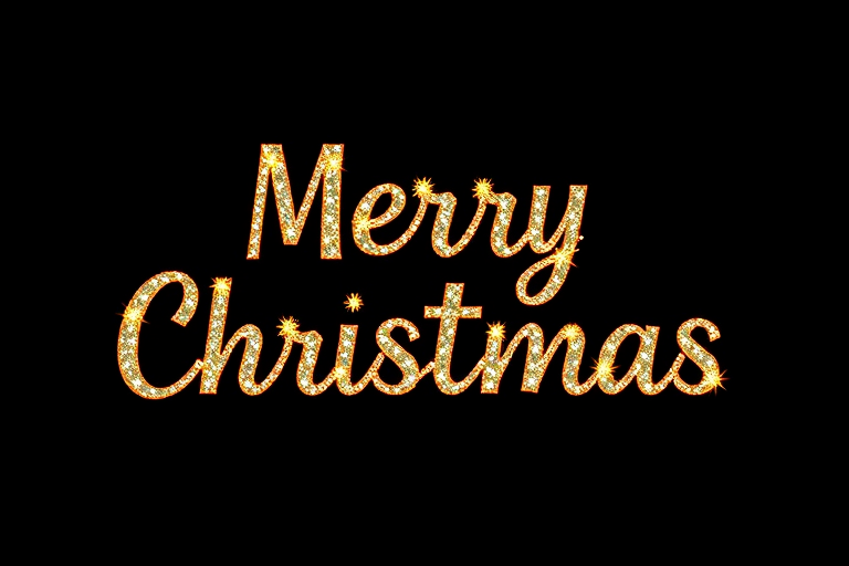 Create a high-resolution Christmas-themed image with the text "Merry Christmas" in a shiny, decorative font, using a Canon EOS 5D Mark IV, 50mm lens, f/1.8 aperture, ISO 100, shot at a slight angle for depth, and a black background to enhance contrast and vibrancy.