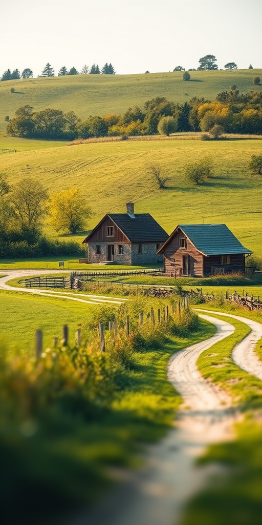 Generate a serene landscape of a quaint countryside with two rustic houses, surrounded by lush greenery and a winding dirt road, in soft sunlight, with a shallow depth of field, iso 100, aperture f/4, shutter speed 1/125s, shot from a low angle with a full-frame DSLR camera.