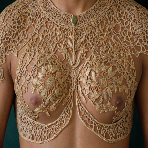 Face, shoulders, chest covered in openwork Malay embroidery. Raw, unedited image.