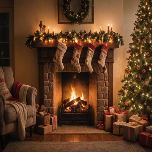 Warmly lit photo of a cozy fireplace with stockings hanging above, soft glow of flames casting warm light on a nearby Christmas tree decorated with twinkling lights.