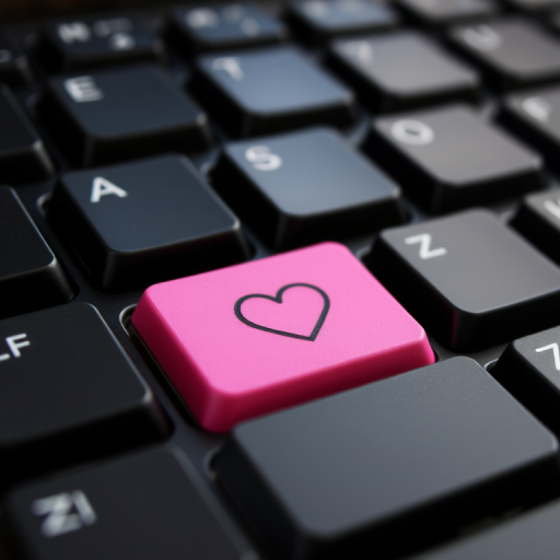 close-up of a black computer keyboard with a large pink key labeled LOVE featuring a heart icon, macro lens, f/2.8 aperture, ISO 100, 50mm focal length, natural light, soft shadows, focus on key texture