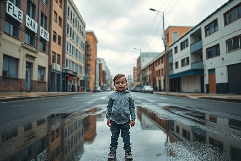 photograph of a boy standing in a desolate urban street with a reflection in puddles, overcast sky, 50mm lens, f/1.8 aperture, ISO 100, soft focus background, shallow depth of field, high dynamic range image, wide-angle view, DSLR camera