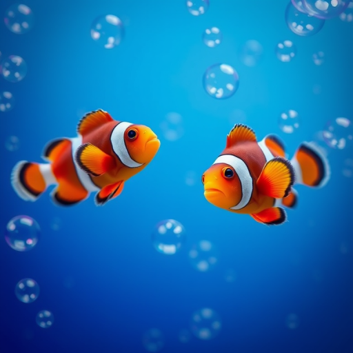 Generate an underwater scene featuring two clownfish swimming through bubbles against a gradient blue background, capture in high resolution with a DSLR camera, 50mm lens, f/2.8 aperture, ISO 200, and a soft-focus style to enhance the image quality and vibrancy.