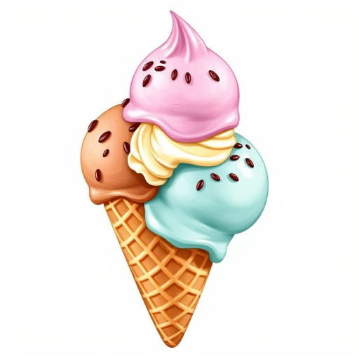Create a detailed, high-resolution illustration of a three-scoop ice cream cone with a textured waffle cone, use a DSLR camera with a 50mm lens, aperture f/2.8, ISO 200, top-down view, natural light, and a soft focus to enhance image quality.