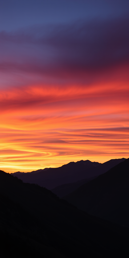 Create a high-resolution image of a vibrant sunset over a mountain range, with a wide-angle view at a focal length of 24mm, aperture set to f/11 for a deep depth of field, ISO 100 for minimal noise, captured on a DSLR camera to enhance clarity and detail.