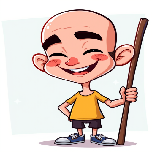 Create a cartoon-style illustration of a cheerful character with a bald head and sideburns, winking while holding a stick, with vibrant colors and a playful expression, using a digital drawing tablet, in a high-resolution format, 300 DPI, with a front view composition.
