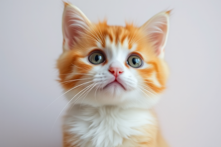 Fluffy orange and white cat with large round eyes looking up adorably against a simple background.