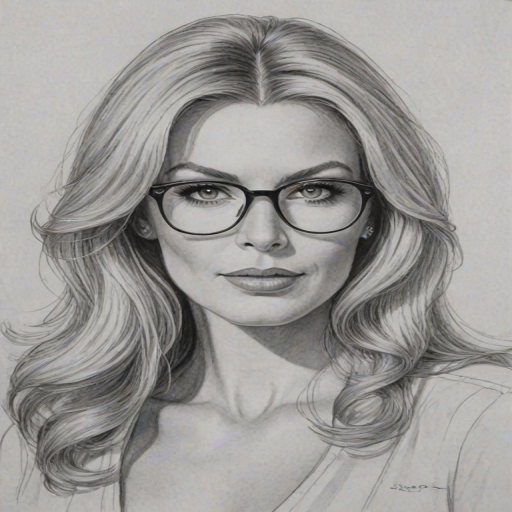 Charming Shannon Tweed, pencil sketch, portrait of Gorgeous woman 1977s in glasses, hair style beatnik, outline, clear lines, fine lines, 8k