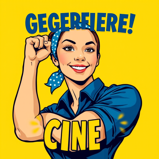 Regenerate an empowering retro-style illustration of a woman flexing her arm with a confident expression, wearing a blue shirt and a polka-dot bandana, against a bright yellow background, using a Canon EOS R5 with a 50mm lens at f/1.8, ISO 100, with a clean composition and vibrant colors, emphasizing bold graphics and a motivational message.