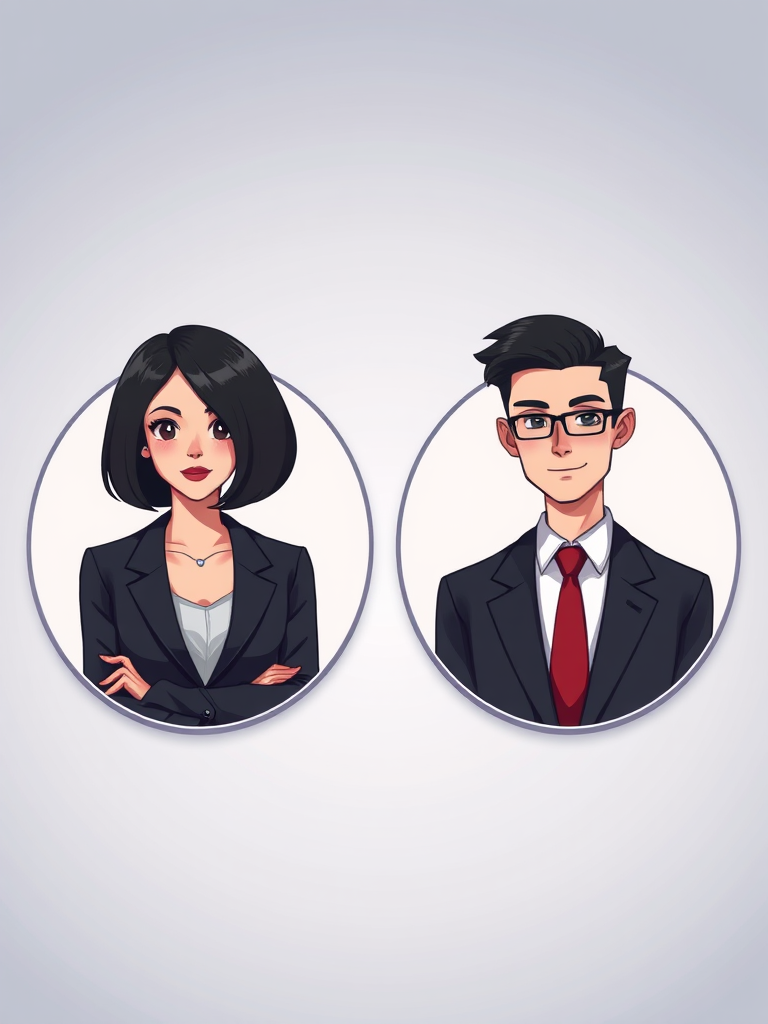 Create a high-resolution digital illustration of two professional, stylized avatars: a woman with a black bob haircut in a dark blazer and a man with short black hair in a suit with a red tie, centered in circular frames with a soft gradient background, using a 50mm lens, f/2.8 aperture, ISO 100, and top-down lighting to enhance details and contrast.