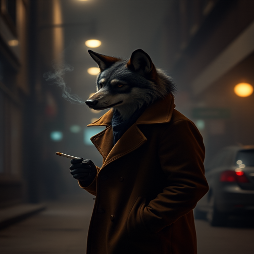 A lone anthropomorphic wolf figure in a smoky urban setting, wearing a brown coat and holding a cigarette, captured in low lighting with a shallow depth of field, using a DSLR camera at f/1.8, ISO 800, 50mm lens, with a cinematic style.