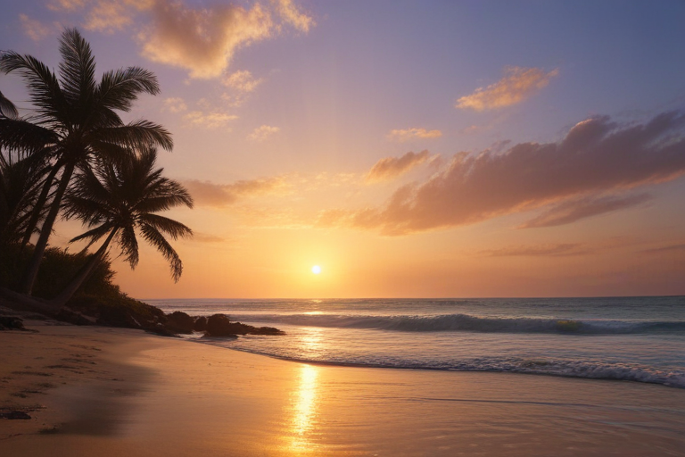 Serene Sunset Over Tranquil Beach with Palm Trees and Gentle Waves