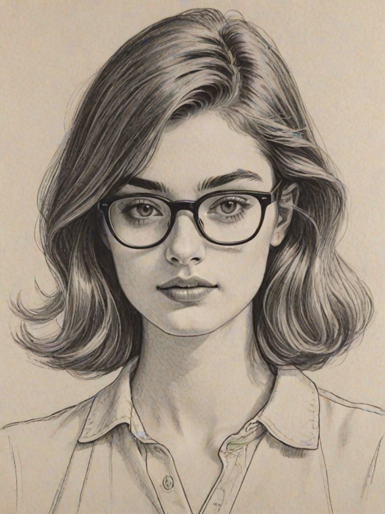 Sublime Diana Silvers, pencil sketch, portrait of Radiant woman 1966s in glasses, hair style beatnik, outline, clear lines, fine lines, 8k