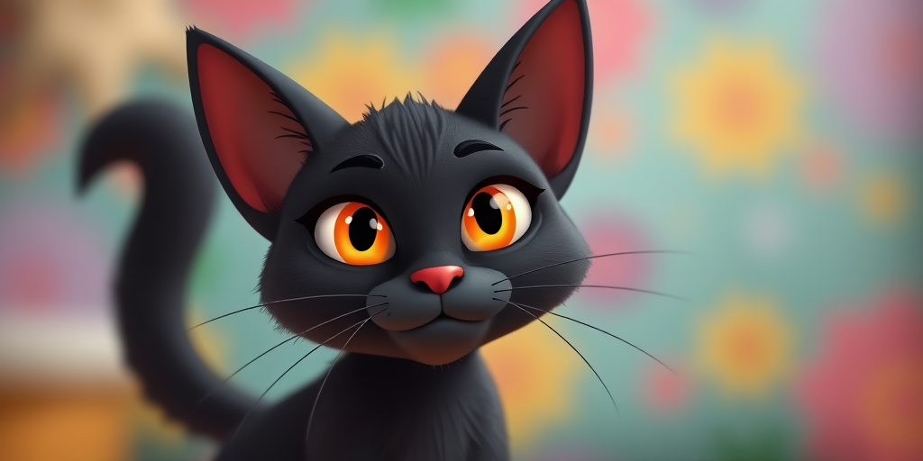 Generate an image of a cartoon black cat with orange eyes and a mischievous expression, captured with a Canon EOS R5 at f/2.8, ISO 100, 50mm lens, with a bright, colorful background and soft focus on the cat.