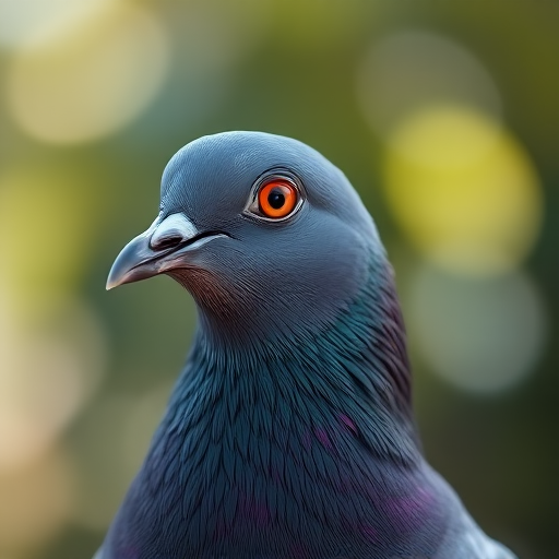 Capture a close-up photograph of a pigeon with a shallow depth of field, using a 50mm lens at f/1.8, ISO 100, shutter speed 1/200s, in natural light, with a soft bokeh background and clear focus on the bird's eye and beak.