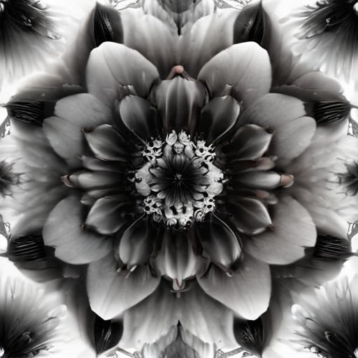 Intricate Black and White Floral Mandala with Elegant Petals and Details