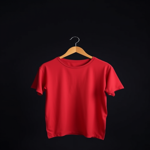 photograph of a plain red t-shirt hanging on a wooden hanger against a dark background, soft studio lighting, ISO 100, f/2.8 aperture, 50mm lens, shallow depth of field, DSLR camera