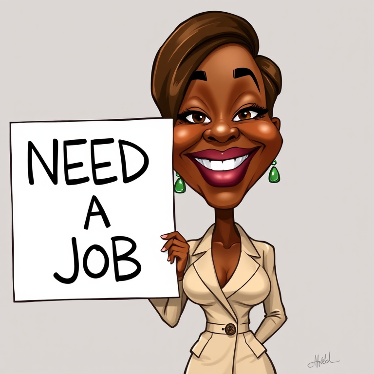 caricature of a smiling Angela Bassett in a Cream dress or suit, holding up a sign that says "NEED A JOB", no watermark,