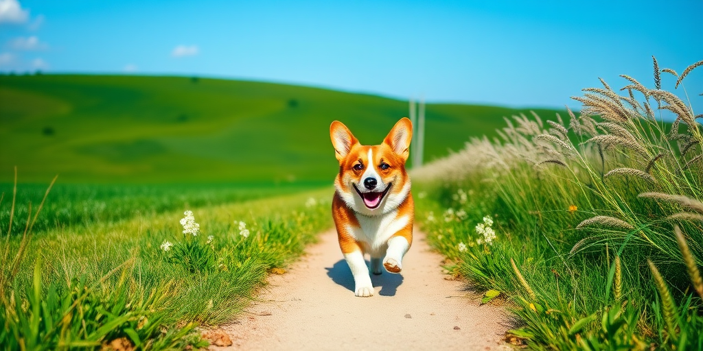 generate a high-resolution image of a corgi running on a pathway in a bright green landscape with a blue sky, using a DSLR camera, 50mm lens, aperture f/2.8, shutter speed 1/1000s, ISO 200, natural lighting, wide angle view to capture the full scene.