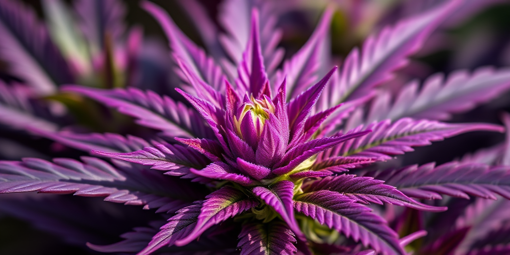 close-up shot of a vibrant cannabis flower surrounded by purple and green leaves, natural lighting, aperture f/2.8, ISO 100, 50mm lens, macro photography, DSLR camera