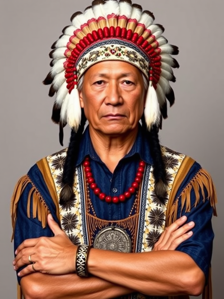 Create a dignified portrait of a Native American man dressed in traditional attire. He wears a beautifully crafted headdress adorned with white feathers and red beads, along with a beaded headband featuring intricate patterns. His clothing includes a deep blue, patterned shirt and a traditional chest piece with detailed beadwork. His arms are crossed, displaying leather armbands decorated with feathers. The background is simple and neutral, emphasizing his proud and stoic expression. The overall image captures the rich cultural heritage and strength of his persona.