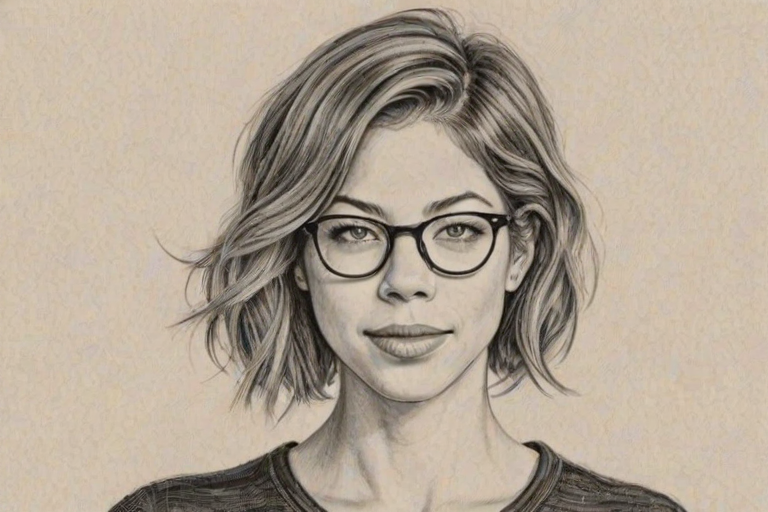 Beauteous Analeigh Tipton, pencil sketch, portrait of Lovely woman 1921s in glasses, hair style beatnik, outline, clear lines, fine lines, 8k