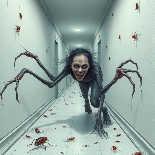 a crooked female with long arms and a creepy smile is crawling along a long white corridor and you can also see cockroaches in it there is a creepy atmosphere creepy art style