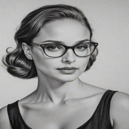 Sublime Natalie Portman, pencil sketch, portrait of Enchanting woman 1950s in glasses, hair style beatnik, outline, clear lines, fine lines, 8k