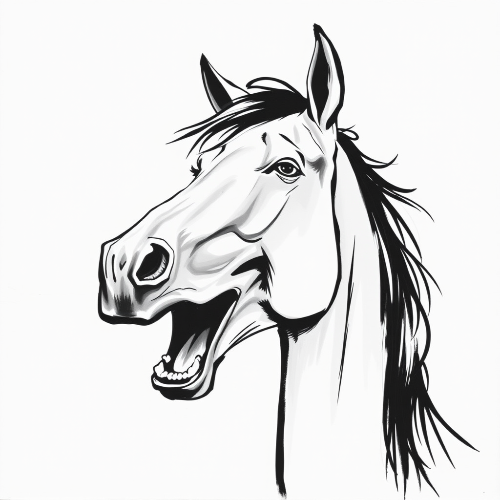 Abstract black and white acrylic portrait of an over exaggerated laughing (horse). Minimalism style. White background.