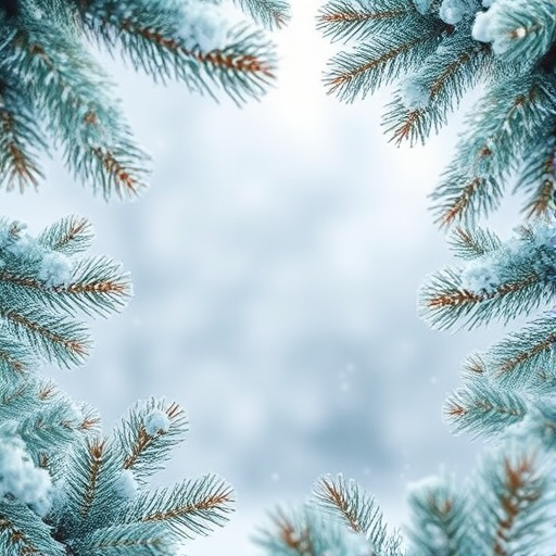 Generate a winter scene with a soft focus background. Include snowy fir tree branches framing the image. Add a gentle snowfall effect and a light blue color palette to create a serene and festive atmosphere. Ensure the center of the image is blurred to emphasize the surrounding branches.
