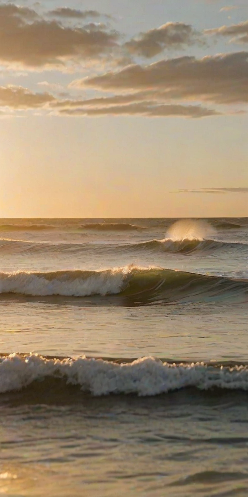 Blurry action shot of a surfer riding a wave at sunset, water splashing up around them, golden light reflecting off the ocean, distant seagulls flying overhead, and the sound of crashing waves filling the scene.