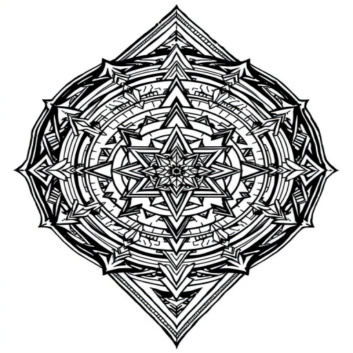Intricate blackwork "Geometric Labyrinth" tattoo concept showcasing interconnected sacred geometry patterns forming a mesmerizing maze-like design with sharp lines and bold contrasts perfect for sleeves or back pieces