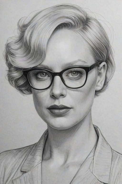 Magnificent Gwendoline Christie, pencil sketch, portrait of Fascinating woman 1936s in glasses, hair style beatnik, outline, clear lines, fine lines, 8k
