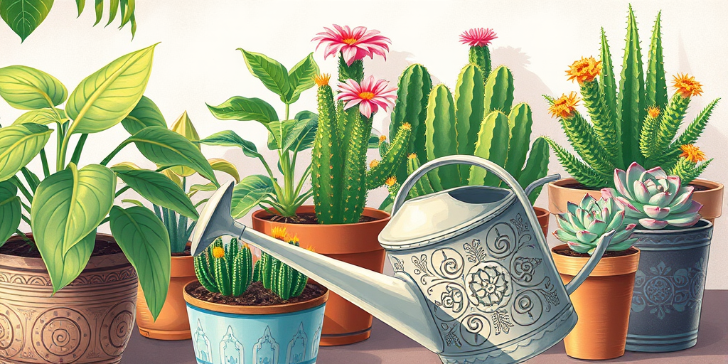 create a detailed illustration of various potted plants including a leafy plant, cacti with flowers, and succulent arrangements, featuring a decorative watering can with intricate designs, soft natural lighting, 50mm lens, f/1.8 aperture, shallow depth of field, capturing vibrant colors and textures, digital art style