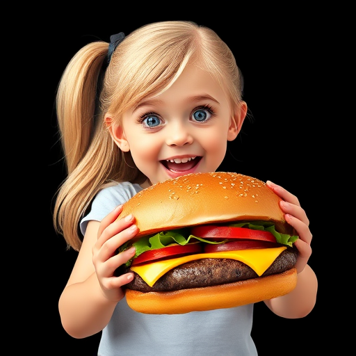 Generate a high-resolution illustration of a young girl with blonde hair and blue eyes excitedly holding a large hamburger, with a black background, using a Canon EOS R5 camera, 50mm lens at f/1.8, shooting from a slightly elevated angle to enhance depth and clarity.