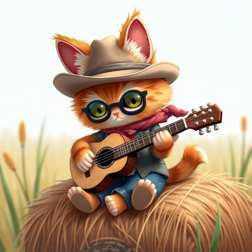 A chibi cat, dressed as a cowboy, playing guitar, sitting on a hay bale