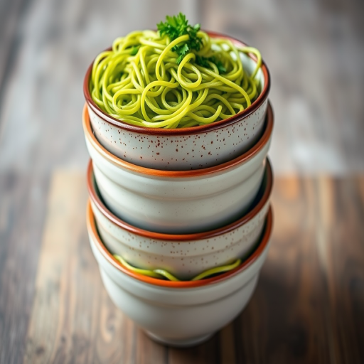 Create a realistic image of four stacked bowls of green noodles with a detailed texture, using a 50mm lens, f/2.8 aperture, 1/125 shutter speed, and a soft focus background, captured with a DSLR camera from a top-down view.