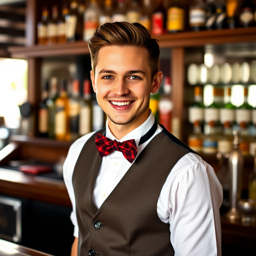 Create a portrait of a young male bartender in a stylish vest and bowtie, smiling at the camera with a well-stocked bar in the background, using a 50mm lens, aperture f/1.8 for shallow depth of field, ISO 200 for clarity, and natural lighting for warmth.
