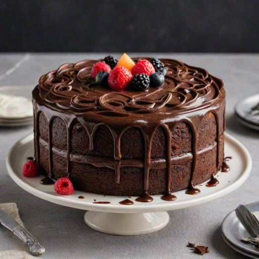 Create an image of a two-layer chocolate cake with a rich chocolate frosting on top and a creamy filling made of buttercream and fruit preserves in the middle. The cake should have a smooth, elegant design with decorative chocolate swirls on top, placed on a simple white plate against a neutral background.